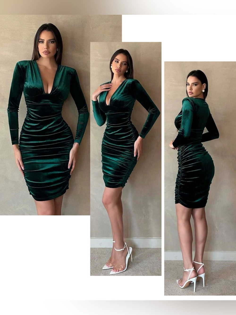 Emerald Green Velvet Ruched Long-Sleeve Bodycon Dress Sz M NWOT